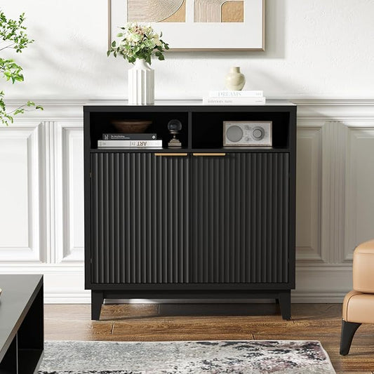 Buffet Cabinet with Storage - Elegant Fluted Storage Cabinet with Adjustable Shelves and Solid Wood Leg, Modern Buffet Sideboard for Living Room, Dining Room, Entryway-NeatNest