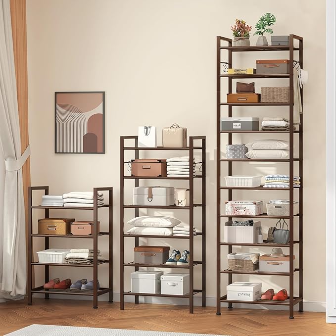 usikey 10 Tiers Narrow Shoe Rack 20-30 Pairs, Sturdy Metal Tall Shoe Rack Shelf with 4 Hooks, Slim Shoe Storage with Metal Shelf, Space Saving Vertical Shoe Organizer for Entryway, Closets,Bronze