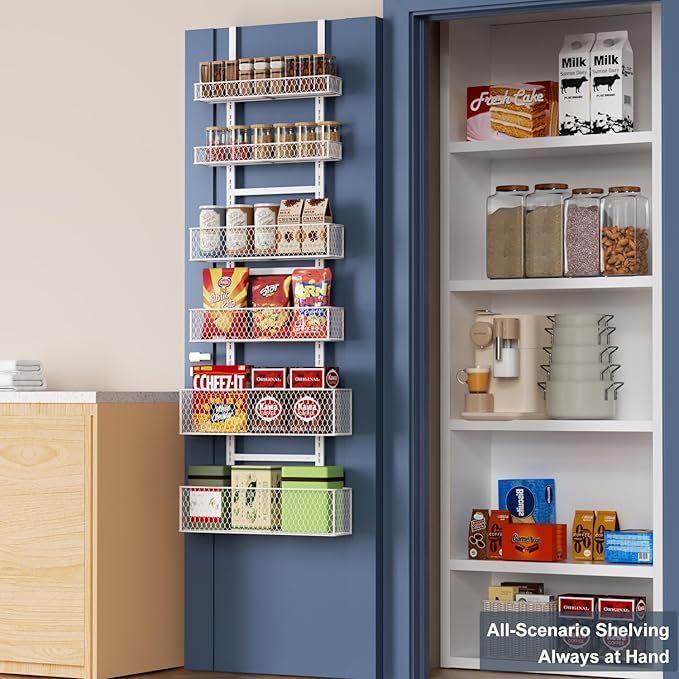 6-Tier Over The Door Pantry Organizer,Hanging Spice Rack with Adjustable Basket,Over Door Racks,Pantry Organization And Storage, Laundry Room,Bathroom,Large Capacity,D5.3xW15.7xH60.9in