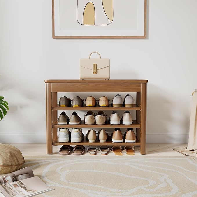 3 Tier Shoe Bench with Storage, Wood Shoe Rack for Front Door Entrance, Entryway Shoe Storage Bench.