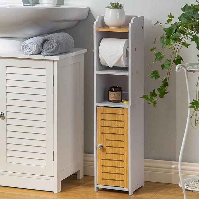 AOJEZOR Toilet Paper Holder Stand: Small Bathroom Cabinet Storage for Apartment Dwellers - Toilet Paper Storage - White/Bamboo-NeatNest