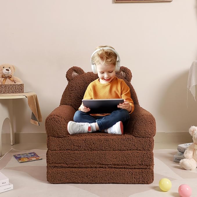 Foldable Sofa for Kids, Sherpa Teddy Bear Toddler Couch With Tri Folding Foam Cushions, Comfy for Ages 3-6-NeatNest
