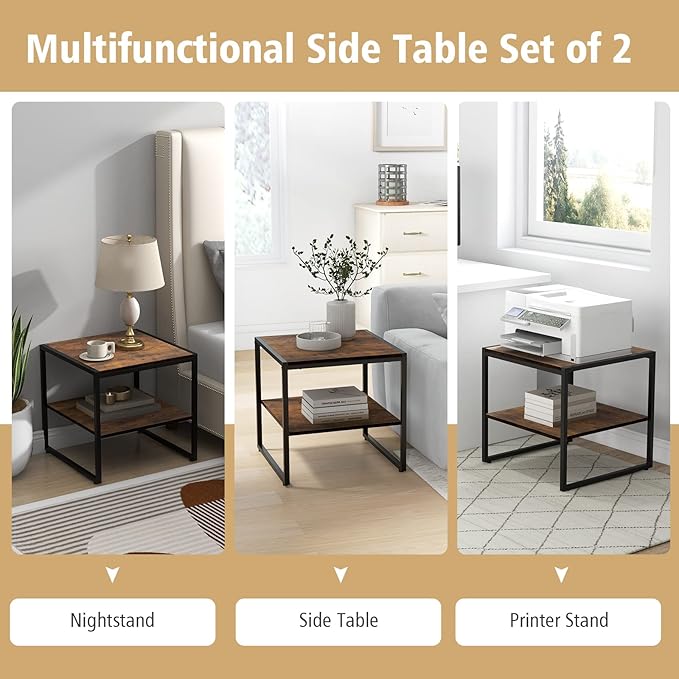 End Table Set of 2, Industrial 2-Tier Side Tables with Open Shelf, 20" Square Coffee Table with Heavy-Duty Metal Frame, Compact Tea Table Nightstand for Living Room, Bedroom, Hallway