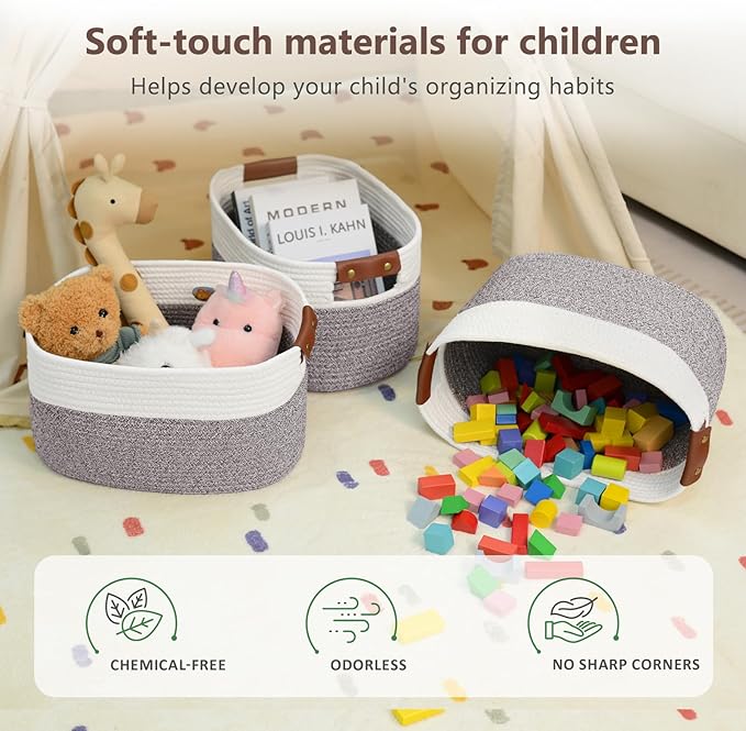 Cotton Rope Basket , Storage Baskets with Handle, 15x10x9 Inch Woven Basket for Shelves, Laundry, Towels, Clothes, Books, Toys (White Brown 3 Pack)-NeatNest