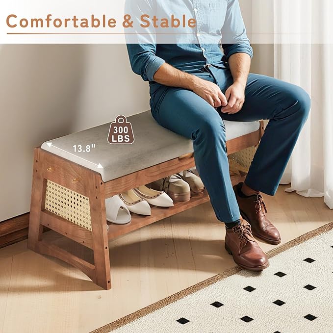 Shoe Rack Bench, 35.4" Solid Wood Entryway Bench with Flip-Top Storage, Cushion, Side Hooks, Shoe Organizer for Front Door Entrance, Hallway, Foyer, Closet, Living Room, Bedroom