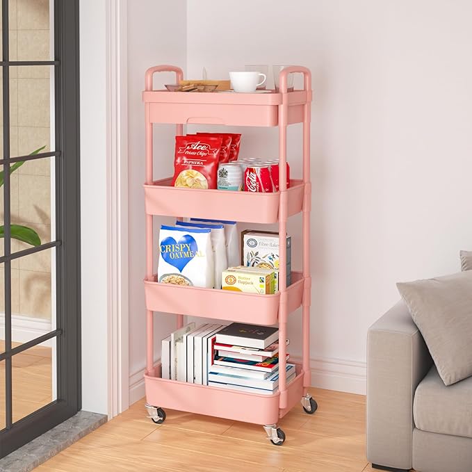 Calmootey 4-Tier Rolling Utility Cart with Drawer,Multifunctional Storage Organizer with Plastic Shelf & Metal Wheel,Storage Cart for Kitchen,Bathroom,Living Room,Office,Pink-NeatNest