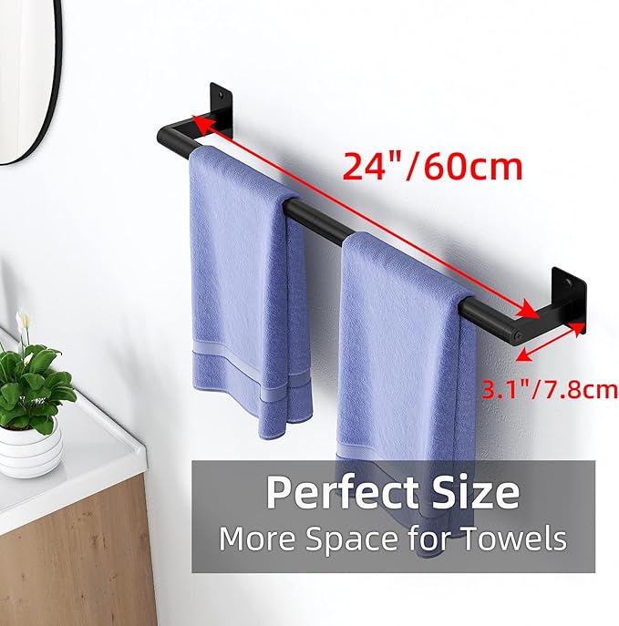 Bathroom Towel Bar, 24 Inch Towel Racks for Bathroom Wall Mounted, Heavy Duty Hand Towel Holder Organizer, Modern Home Decor Towel Rod, Matte Black Single Bar