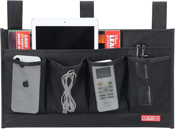 Hanging Bedside Caddy, Bedside Storage Organizer for Magazine, Phone, Remote control (6 Pockets-Black)-NeatNest