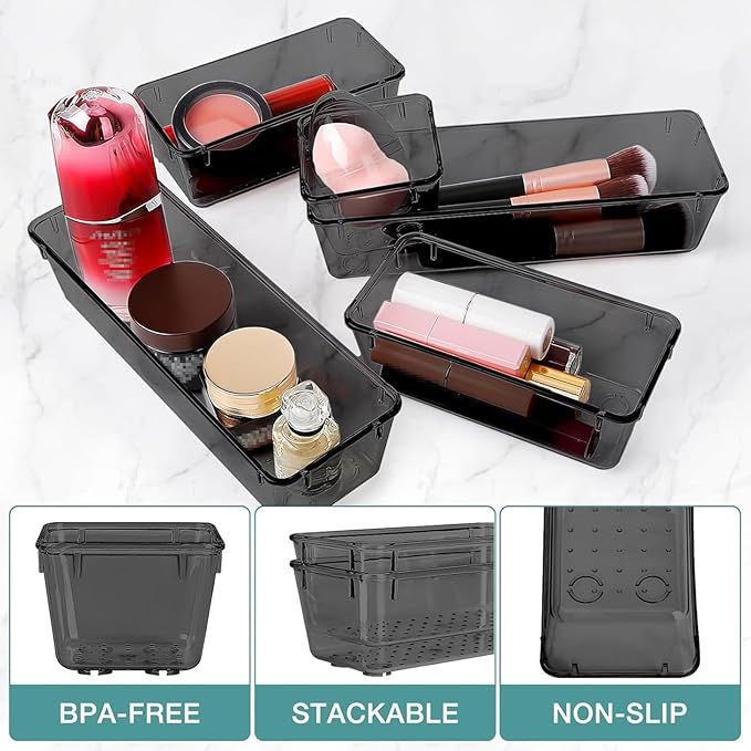 10 PCS Drawer Organizer Set, 4 Varied Size Bathroom and kitchen Drawer cabinet organizer Trays, Clear Storage Bins for Makeup, Jewelry, Utensils and Gadgets, Black-NeatNest