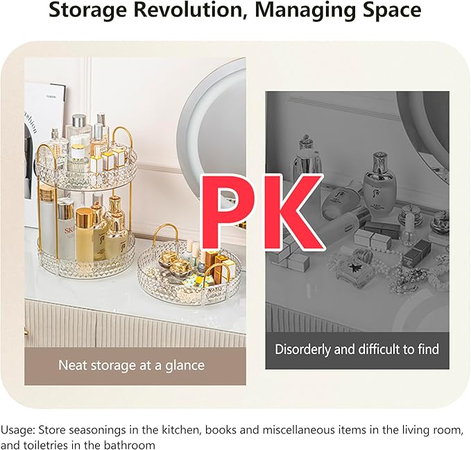 Rotating Makeup Organizer, 2-Tier Vanity Perfume and Skincare Display Shelf, Clear Cosmetic Storage Rack for Bathroom Counter or Dresser (White)