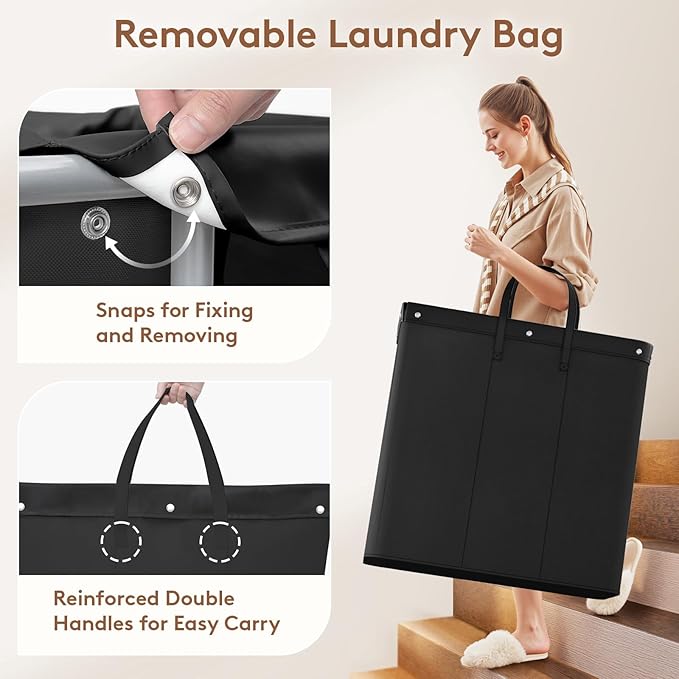 Lifewit 200L Large Laundry Basket with Wheels, Tall 3 Section Laundry Hamper Organizer, Rolling Laundry Cart with Steel Frame & Removable Bag for Luandry Room Bathroom Bedroom, Black