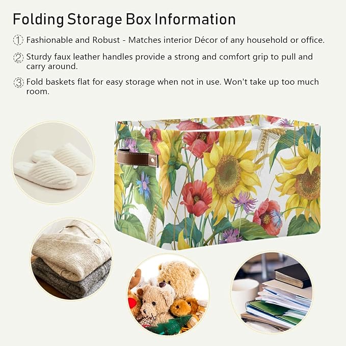 Floral Flower Sunflower Poppy Storage Bin Canvas Toys Storage Basket Bin Large Storage Cube Box Collapsible with Handles for Home Office Bedroom Closet Shelves,1 pc-NeatNest