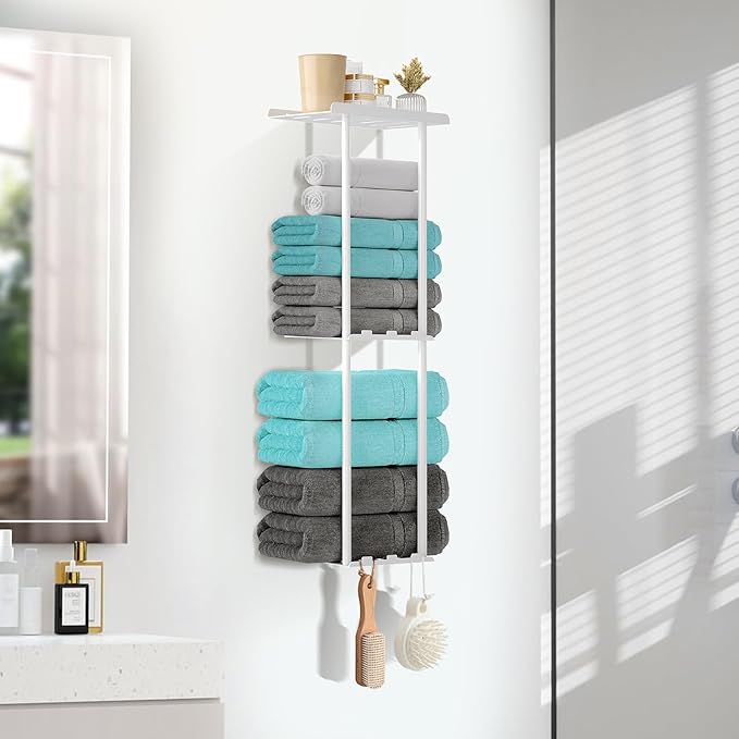 Towel Racks for Bathroom, 3 Tier Metal Towel Holder, with Shelf & 6 Hooks, 29 inch Wall Mounted Towel Storage, 6 Large Bath Towels Capacity,Small Bathroom Towel Rack for Rolled Towels, White