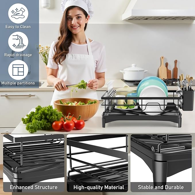 Black Stainless Steel Dish Drying Rack for Kitchen Counter, Space-Saving Dish Drainer with Drainboard, Utensil Holder & Collapsible Design-NeatNest