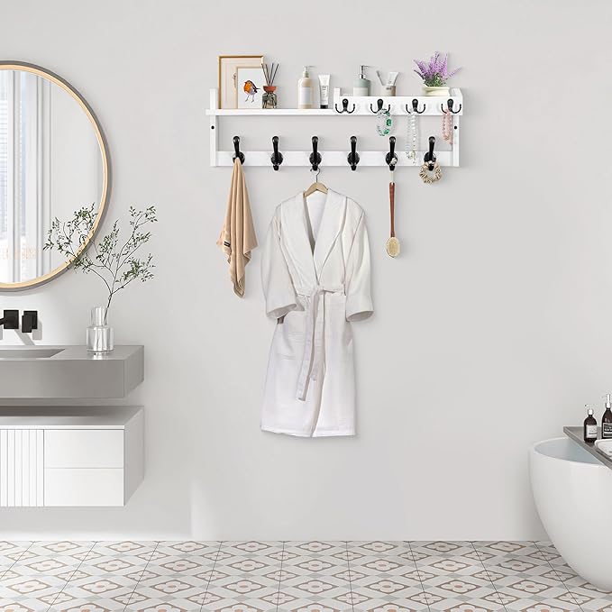 Coat Rack Wall Mount with Shelf, 27.5" Entryway Wall Hanging Shelf, Coat and Key Hanger with 10 Dual Hooks, Mail Organizer and Key Holder Hat Rack for Wall, Wood Coat Hooks with Storage-NeatNest