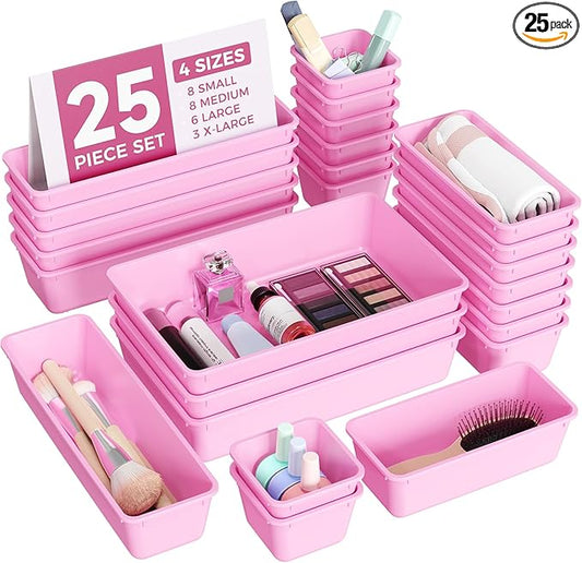 25 PCS Plastic Drawer Organizers Set, 4-Sizes Vanity and Makeup Organizer, Desk and bathroom Drawer Organizer Trays, Organizers and Storage for Makeup, Jewelry, Gadgets, Utensils(Light Purple)-NeatNest