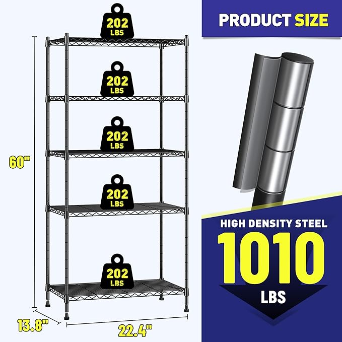 1010LBS Storage Shelves Adjustable Metal shelving Unit 5 Tier Wire Shelving, Pantry Shelves Sturdy Steel Wire Shelf for Laundry Bathroom Kitchen Pantry Closet, 13.8"D x 22.4"W x 60"H, 3PCS