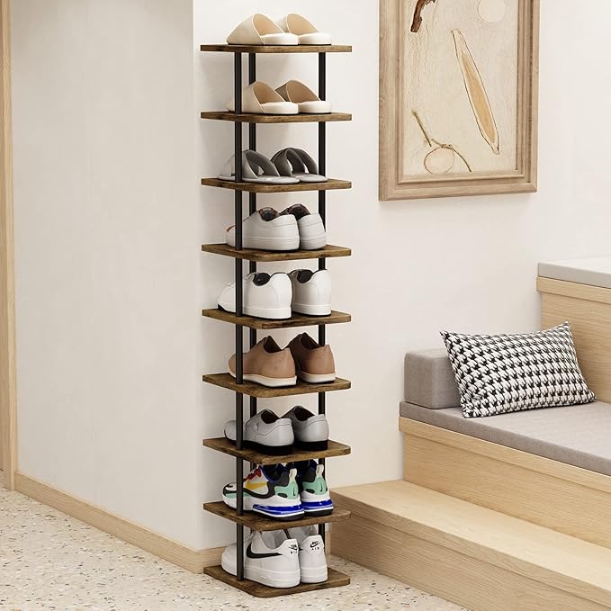 AZERPIAN Shoe Rack 9 Tier Vertical Storage Organizer Narrow Metal Slim Shelf Modern Free Standing Shoe Tower Saving Space for Closet Entryway Bedroom,Black+Rustic Brown-NeatNest