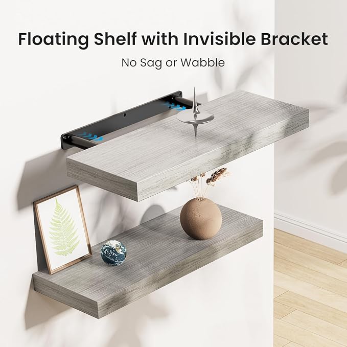 AMADA HOMEFURNISHING Floating Shelves, Wall Shelves for Bathroom/Living Room/Bedroom/Kitchen Decor, Grey Shelves with Invisible Brackets Set of 3 - AMFS07G-NeatNest