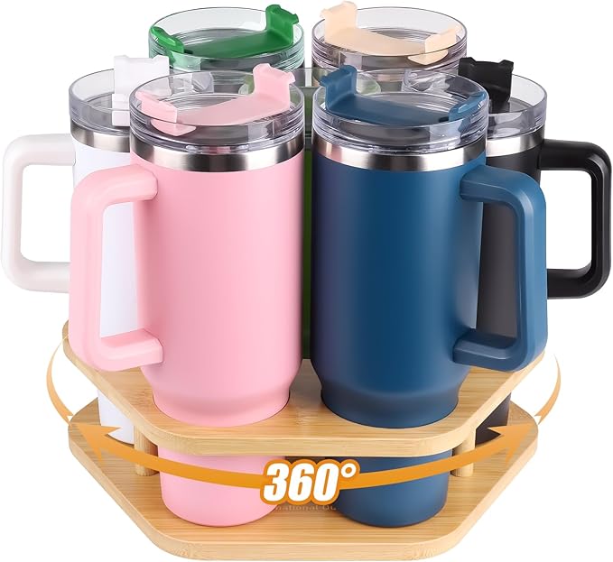 Cup Organizer for Stanley 40 oz Cup, Rotating Tumbler Holder, Water Bottle Organizer and Storage for Kitchen Countertop Wood