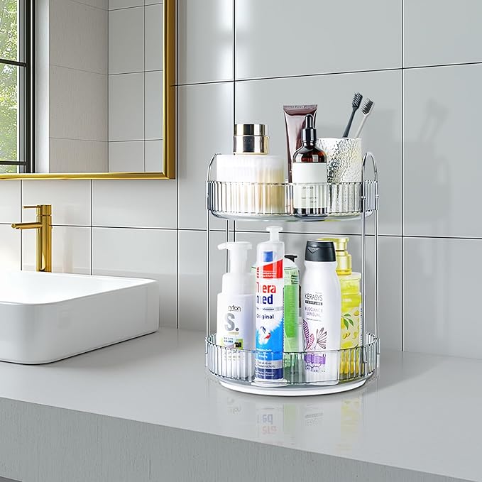 360 Rotating Makeup Organizer, 2 Tier Lazy Susan Bathroom Organizer, Easy to Install, Ideal Storage for Perfume, Skincare, Cosmetic, Dresser or Vanity Countertop (Classic Grey, 2 Tier)-NeatNest