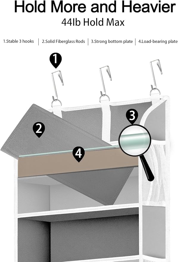 1 Pack Over The Door Storage Organizer with 5 Pockets 10 Mesh Side Pockets, 44 lbs Weight Capacity Door Hanging Organizers and Storage for Bedroom,Bathroom,Nursery,Pantry,Dorm(Light Gray)-NeatNest