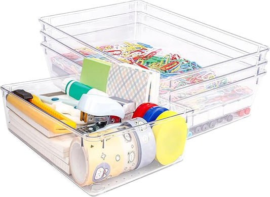 4 PCS Clear Plastic Drawer Organizer, Desk Drawer Divider Organizers and Storage Bins for Makeup, Jewelry, Gadgets for Kitchen, Bedroom, Bathroom, Office (9.0"x6.0"x2.2")-NeatNest