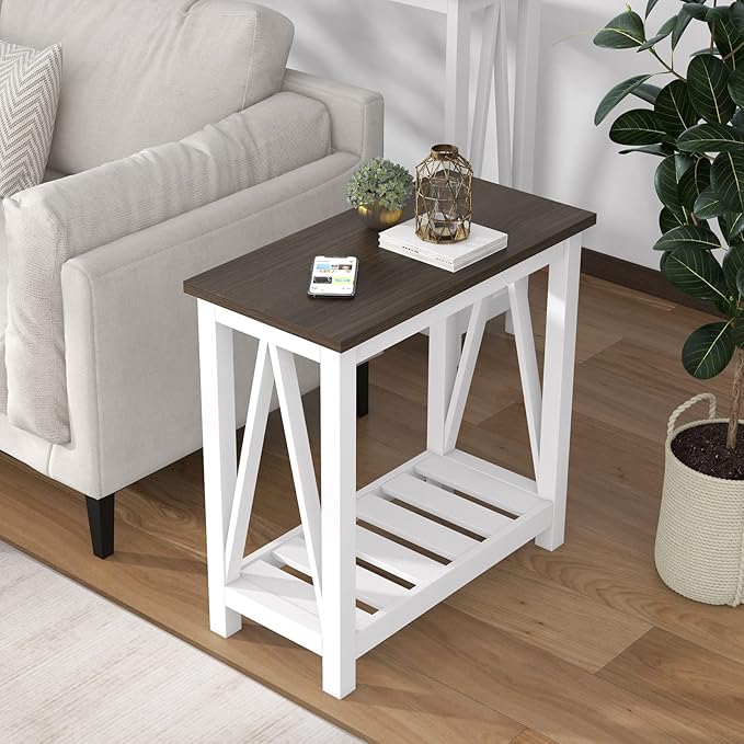 ChooChoo Farmhouse End Table Set of 2, Rustic Vintage Narrow End Side Table with Storage Shelf for Small Spaces, Nightstand Sofa Table for Living Room, Bedroom White-NeatNest
