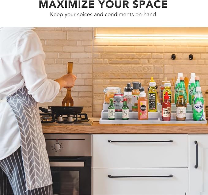 3 Tier Expandable Spice Rack Organizer, Plastic Spice Rack, Adjustable Length 14.6In-25.8In, Non-Skid Tiered Spice Shelf Organizer for Kitchen Cabinet, Cupboard, Pantry, White/Grey-NeatNest
