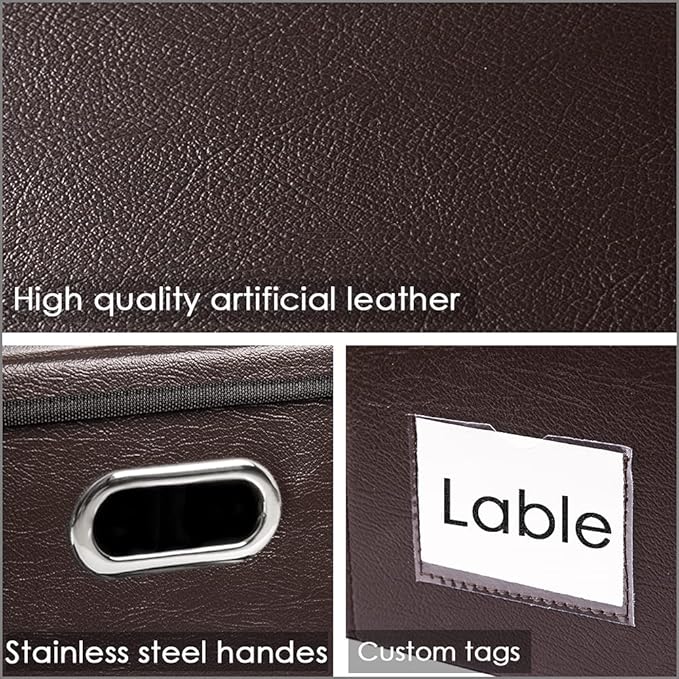 PRANDOM Large Stackable Storage Boxes with Lids [5-Pack] Leather Fabric Foldable Storage Bins Organizer Containers Baskets Cubes with Cover for Bedroom Closet Office Nursery Brown(17.7x11.8x11.8)-NeatNest