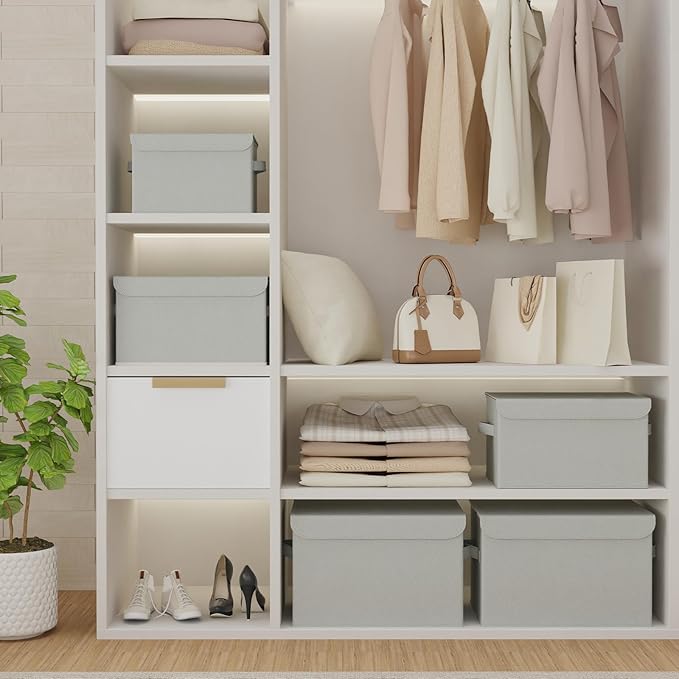 Foldable Storage Bin, Cube Organizer Basket with Flip-Top Lid and 2 Handles, Decorative Boxes for Shelves with Cover for Clothes, Towels, Blanket, 4 Pack, Grey, 13 x 9 x 7.9 In, XSNY12GM-4-NeatNest