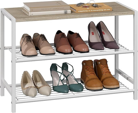 Yusong Shoe Rack Organizer, 3 Tier Industrial Shoe Storage Shelf for Closet Entryway, Narrow Sturdy Metal Shoe Shelves, White-NeatNest