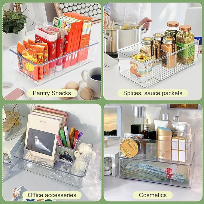 6 Pcs Clear Pantry Organizers and Storage,Plastic Storage Bins for Fridge with Removable Dividers, Kitchen Cabinet Organizers Ideal for Kitchen, Pantry, Refrigerator, Freezer, and Snack Storage-NeatNest