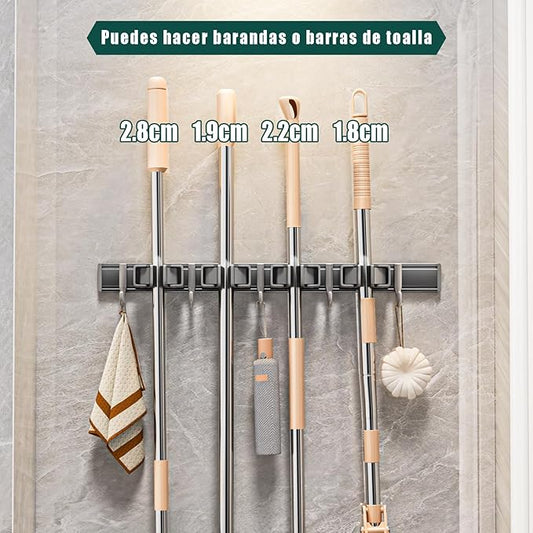 Broom Holder Wall Mount Movable Hooks and Clips Mop and Broom Hanger Wall Mounted Aluminum Garage Tool Organizer Storage adhesive (30cm, Grey)-NeatNest