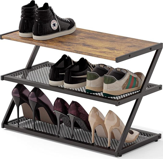 Z-Frame Shoe Rack with Wooden Top & Metal Mesh Shelves - Space-Saving Storage for Hallway, Living Room, Closet & Bedroom (24.41" x 11.02" x 16.14")-NeatNest