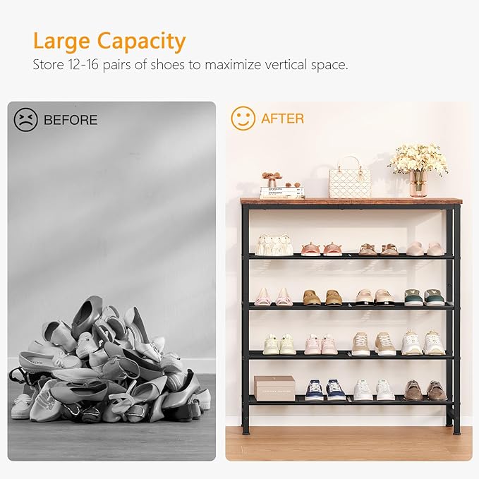 usikey 5-Tier Shoe Rack, Industrial Shoe Storage Organizer for 12-16 Pairs of Shoes, Metal Shoe Shelf with Wooden Top, Shoe Stand with 3 Metal Shelves for Entryway, Hallway, Closet, Rustic Brown-NeatNest