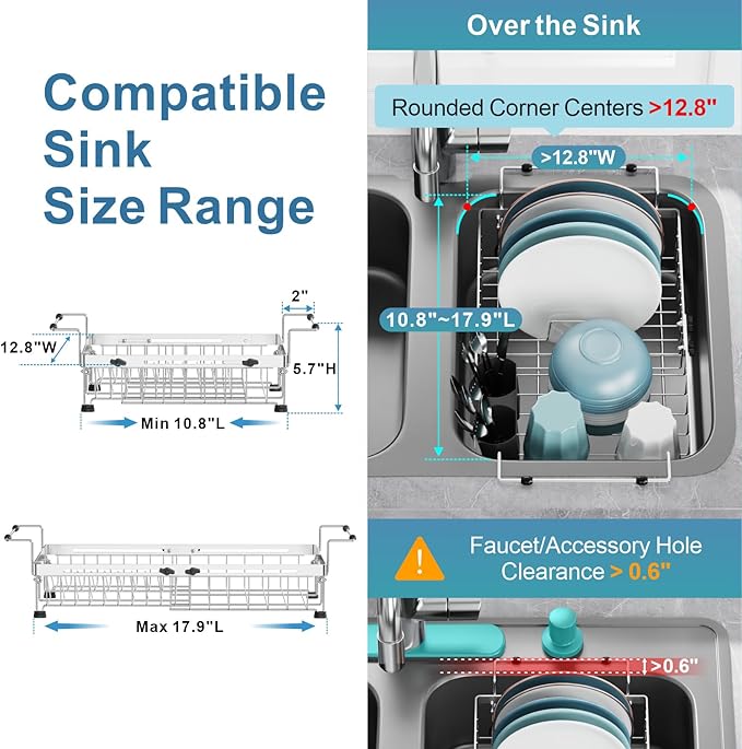 GSlife Stainless Steel Dish Drying Rack - Capacity Expandable in Sink Dish Drainer with Silicone Mat, Over Sink Dish Rack with Utensil Holder for Kitchen Counter, Large Capacity, Silver