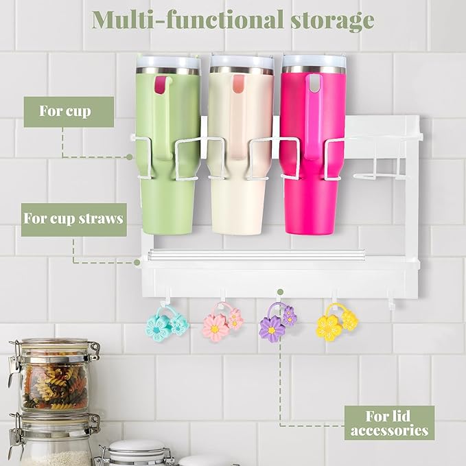 CINPIUK Water Bottle Organizer Holder, Magnetic Mug Hook Storage for Stanley & Large Tumbler, Space Saving Wall Mount Mug Organizer with 5 Hook, Easy to Install, White-NeatNest