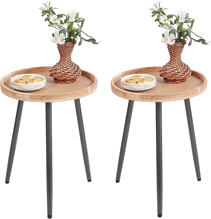 LITA 2 Pcs Rattan Log Desktop Round Side End Table, Nightstand/Small Tables, Indoor Outdoor Wooden Tray Table with Metal Stand End Table for Living Room Bedroom Office Small Spaces