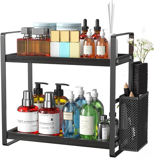 Bathroom Counter Organizer, Wood Vanity Trays with Basket, Skincare Countertop Organizers, Large Capacity Makeup and Perfume Organizer-NeatNest