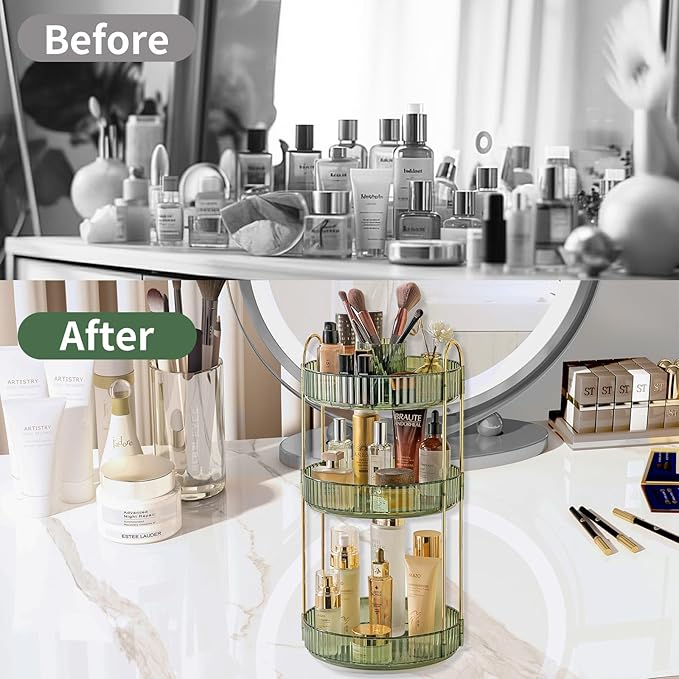 360 Rotating Makeup Organizer,3 Tier Large Capacity Make Up Organizers and Storage,Skincare Perfume Vanity Organizers,Bathroom Cosmetics Storage Organizer Countertop (Green)-NeatNest