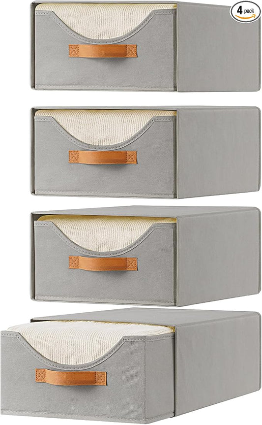 4 Pcs Closet Drawers and Large Size Clothes Storage Bins Push-Out Storage Stackable Shelf Drawers with See-Through Window Closet Organizers for Bedroom, Living Room, Under Bed, Grey-NeatNest