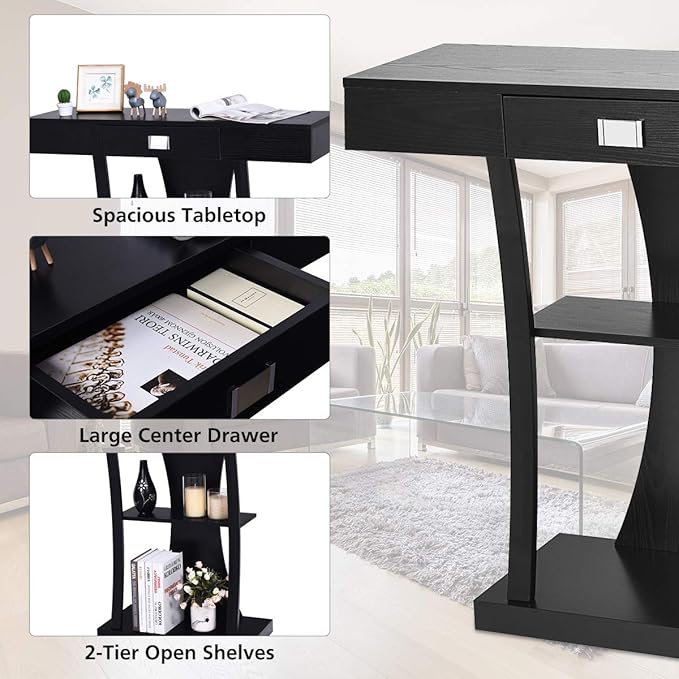 Giantex Console Table, Sofa Table with Drawer and 2-Tier Shelves, Accent Table for Entryway, Hallway and Living Room (Black)-NeatNest