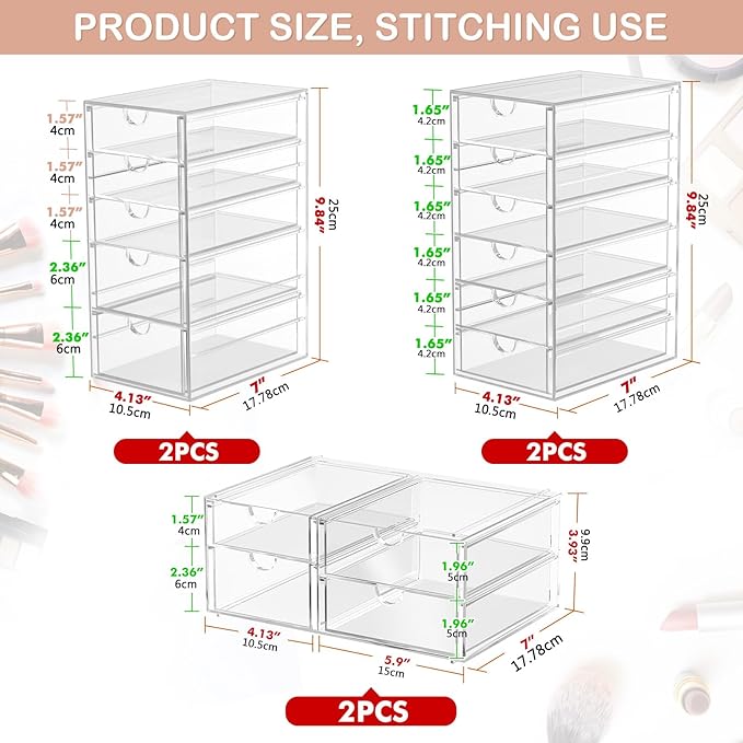 Makeup Organizer Storage With 30 Drawers, 6 Pack Desktop Office Supplies, Desk Organizers, Clear Desk Accessories, Dustproof Drawer Organizer and Storage for Make Up, Jewelry, Pen, Desktop Stationary