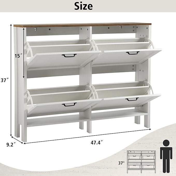 Shoe Storage Cabinet with 4 Flip Drawers, Wooden Shoe Rack with Metal Handle, Freestanding Hidden Shoe Storage Organizer with Open Shelf, Narrow Shoe Rack for Entryway, Hallway (White Brown)