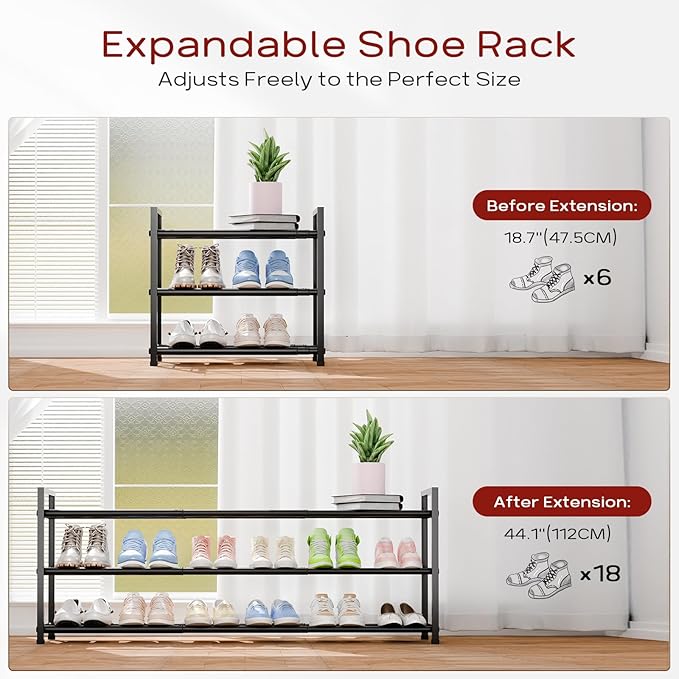 Bumusty 3-Tier Long Expandable Shoe Rack for Closet, 18"-44" Adjustable Shoe Rack for Entryway, 15-18 Pairs Large Shoe Organizer Shelf Storage, Sturdy Metal, Black-NeatNest