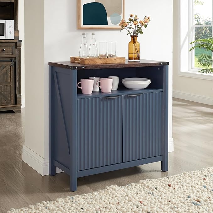32 Inch Fluted Sideboard Buffet Cabinet with Storage, Modern Farmhouse Accent Credenza with Adjustable Shelves, Coffee Wine Bar Organizer for Kitchen, Entryway, Living Room, Navy Blue