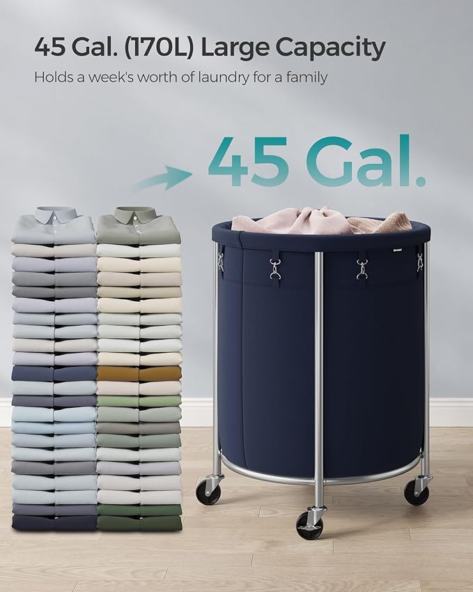 SONGMICS Laundry Basket with Wheels, Rolling Round Laundry Hamper Cart, 45 Gal. with Steel Frame and Removable Bag, 4 Casters and 2 Brakes, Charcoal Blue and Metallic Silver URLS001Q01