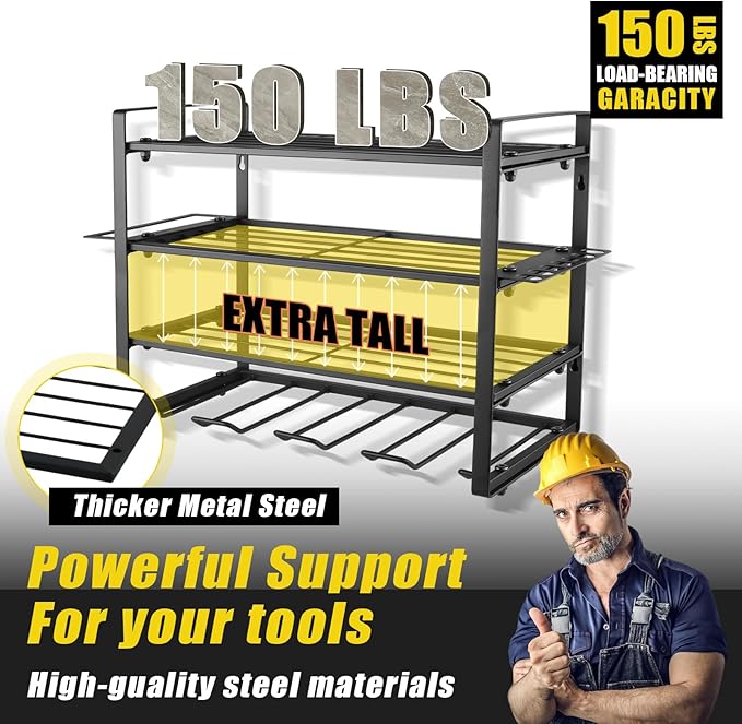 4 Layers Power Tool Organizer Wall Mount, Garage Wall Shelving, 4 Drill Holder Wall Mount, Cordless Tool Organizer, Garage Storage Rack with 4 Extension Cord Holder