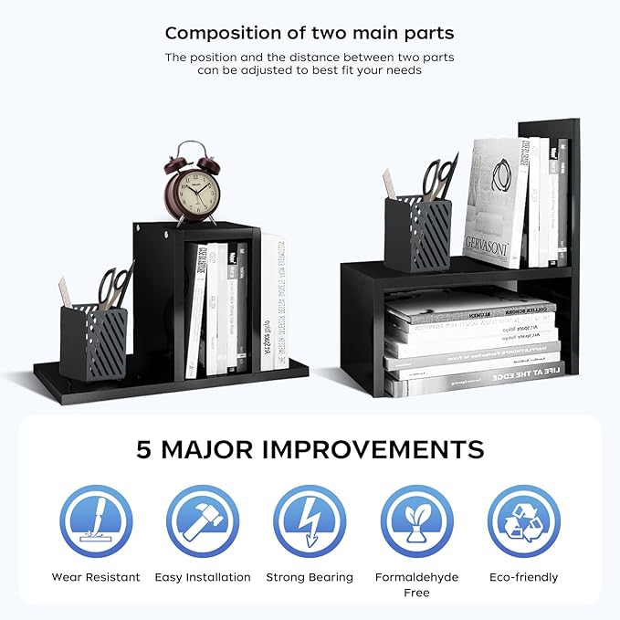 Black Desk Organizer Shelf Wooden Desktop Bookshelf Adjustable Desktop Organizer Shelves Small Book Shelf for Office Desk Supplies Home Storage Natural Stand Decor (Black, Style2)-NeatNest